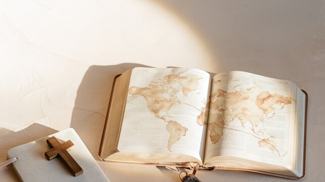 Open Bible with Watercolor World Map and Wooden Cross, Global Christian Mission Prayer Background with Copy Space