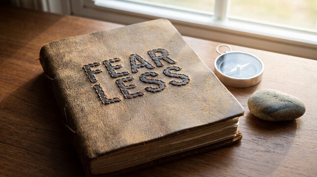 Fearless journal with compass and stone representing courage, adventure, discovery, and pathfinding on a wooden table