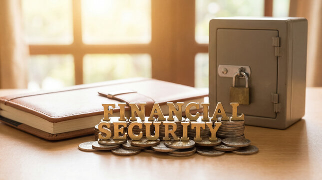 Financial security concept with golden letters, stack of coins, a locked safe, and a book on a wooden table