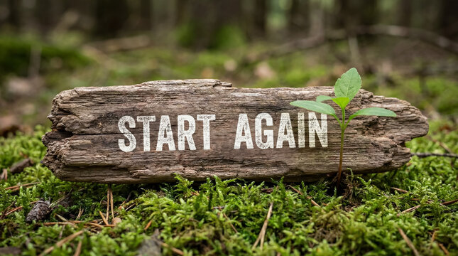 Old wooden sign saying start again with a green seedling growing from behind, symbolizing new beginnings and hope