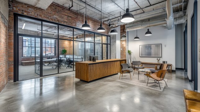 Industrial style office reception area with brick walls, concrete floors, glass partitions, and a wooden front desk