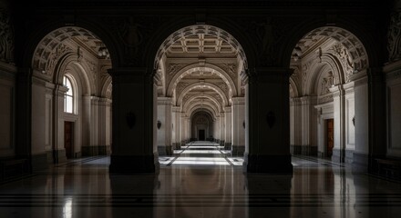 Obraz premium Symmetric arched hall with reflected light on floor.