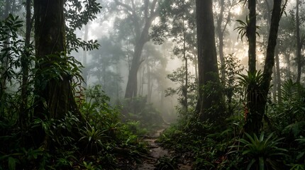 Fototapeta premium Misty Morning Tropical Jungle Forest With Fog and Atmospheric Natural Light