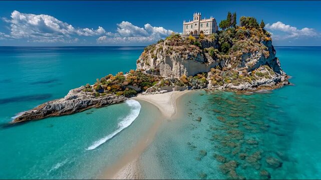 The island, with its ancient temple, is connected to the mainland by a sandy spit &ndash; an exotic sight straight out of a tourist brochure or an adventure film.
