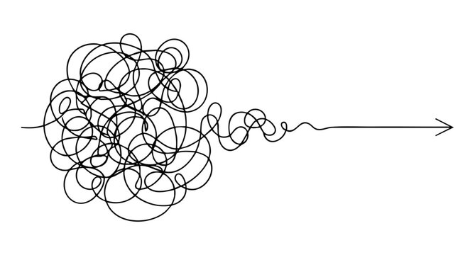 Chaos unraveling into a straight straight arrow path. One line drawing, Metaphor for finding a solution, problem solving, or clarity from confusion. vector illustration