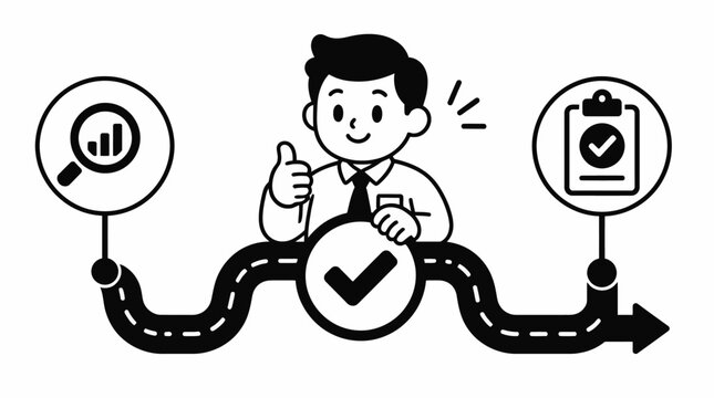 Businessman celebrating success with checkmarks and icons.