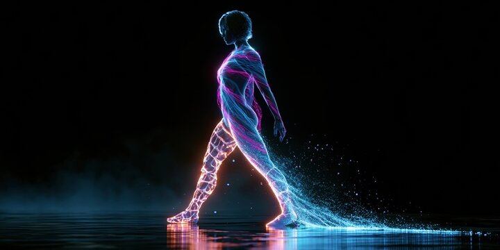 Glowing digital silhouette of an androgynous figure with a prosthetic limb and cyan energy particles for futuristic identity and technology concepts