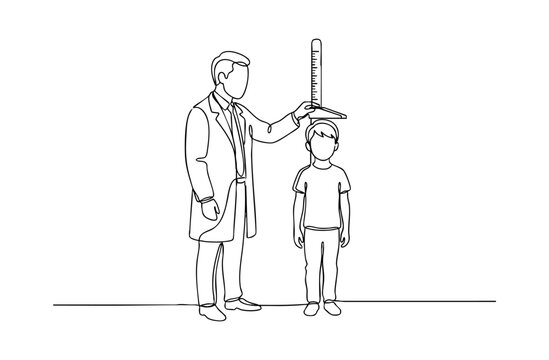 Doctor measuring a young boy's height using a stadiometer. One line drawing vector illustration of Pediatric healthcare and child development