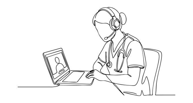 Female doctor wearing headphones and a stethoscope while talking to a patient on laptop. One line drawing vector illustration of telehealth medical consultation