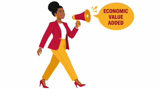 Confident woman holding megaphone announcing economic value added.