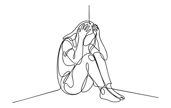 Lonely person crying in a room corner. one line drawing vector illustration. Mental health concept of depression, sadness, fear, or social isolation
