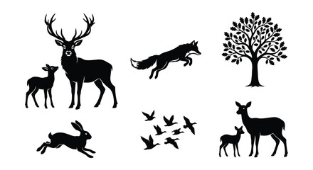 Silhouette collection featuring deer tree bird bicycle leaf and running figure © nurjahan
