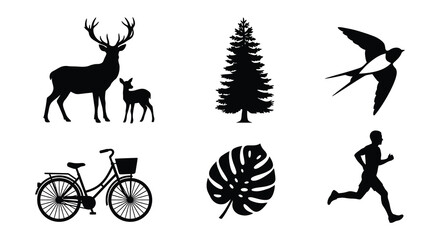 Silhouette collection featuring deer tree bird bicycle leaf and running figure © nurjahan