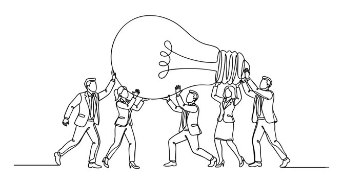 Group of diverse office workers carrying a giant light bulb together. Continuous line art vector illustration of business team collaboration and creative startup innovation