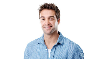 Fototapeta premium Happy, space and portrait of businessman in studio with confidence for creative career with growth. Smile, job opportunity and male designer with pride for startup about us on white background.