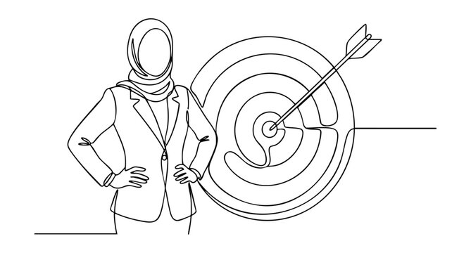 Successful Muslim businesswoman in hijab standing proudly next to a large bullseye target with an arrow in the center. One line drawing vector illustration of goal achievement