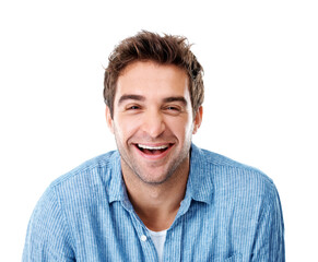 Fototapeta premium Laugh, professional and portrait of man in studio with confidence for creative career with growth. Happy, about us and male designer with pride for job opportunity at startup on white background.