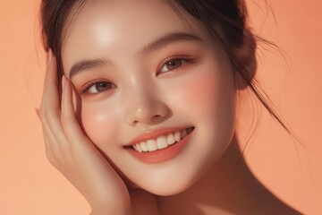 Naklejka premium Closeup portrait of a beautiful young woman with glowing skin and a radiant smile, posing against a soft peach background