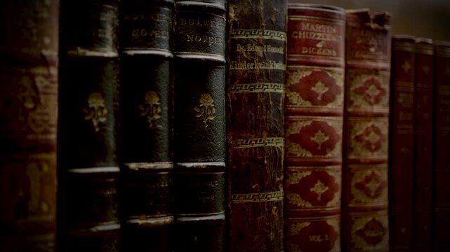 A close-up of antique leather-bound books with worn spines and gold detailing arranged on a wooden shelf in a classic library setting.