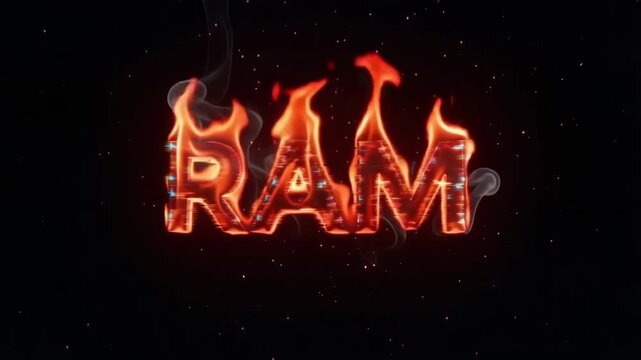 Ram word typography rendered in bright orange flames and glowing embers for a cinematic motion graphic animation project with high quality visual effects that showcase intense heat and dynamic energy 