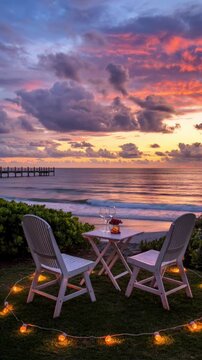 Romantic beachside dinner setup with chairs and string lights at dramatic sunset