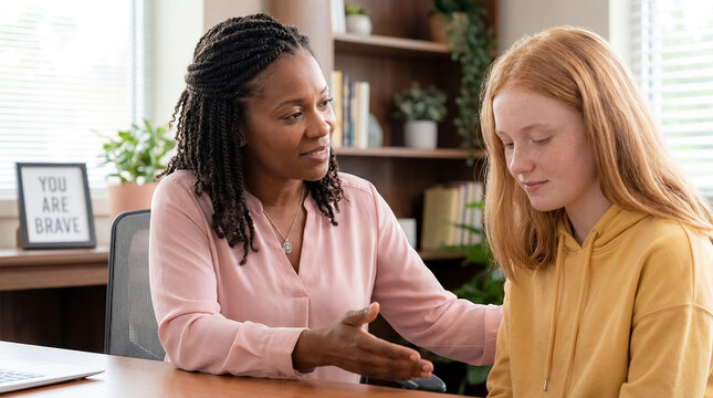 middle school counselor student support learning presenting a middle school counselor in an engaging education moment focused on emotional guidance and academic confidence for adolescents plus