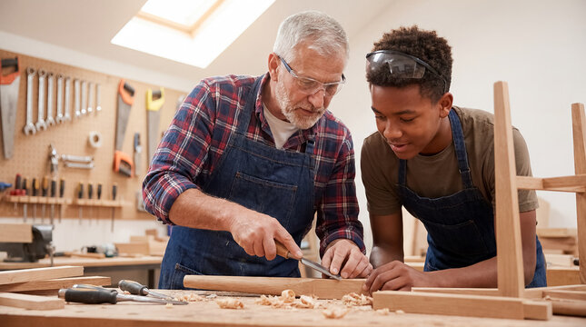 woodworking teacher student workshop skills education presenting a woodworking teacher in an engaging education moment focused on hands on craft safety and practical skills plus professional