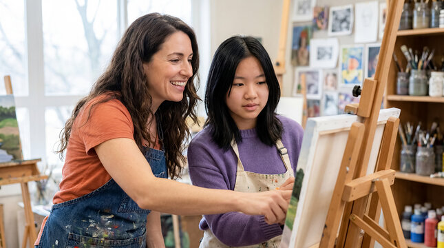 art teacher student creative classroom education featuring a art teacher supporting students during visual arts instruction and student expression with encouraging feedback and modern school