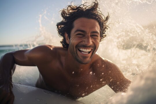 Happy Latino man laughing portrait outdoors.