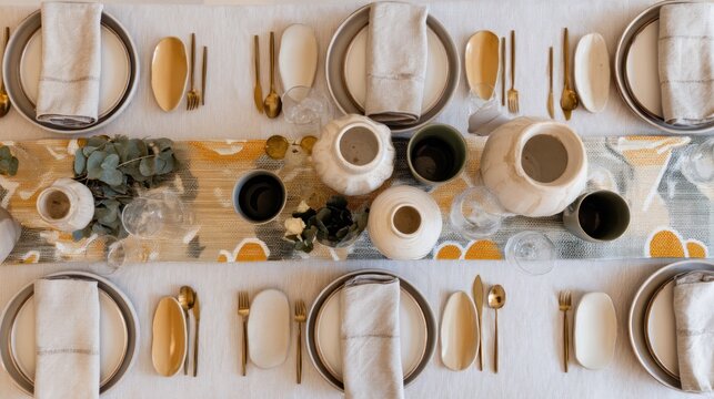 Elegant table setting with six place settings, each with plates, napkins, and golden flatware, plus decorative centerpieces