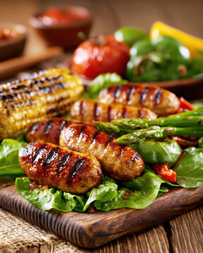 Grilled Sausages with Corn and Vegetables. AI generative.