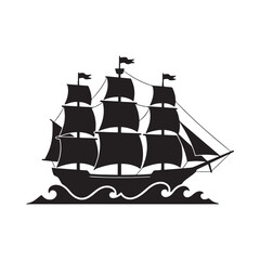 Sailing Ship Silhouette On Waves Black And White Graphic © ABDULLA