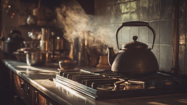 Steaming kettle sits on stove in warm, vintage kitchen with tile backsplash