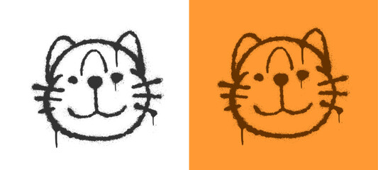 Cat tiger animal head symbol doodle spray paint graffiti tag layout. Distressed urban aerosol grunge splatter feline character icon with liquid drips for streetwear clothing asset clip art. © dirtyfellas