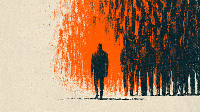 Lone Figure Walking Away from Crowd Toward Orange Light Grunge Risograph Illustration