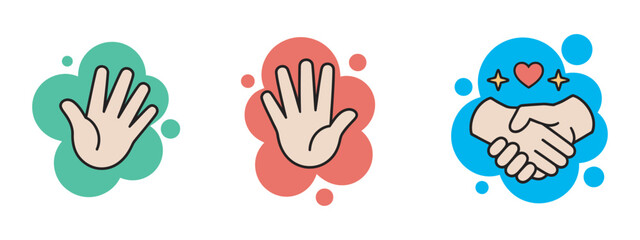 Fototapeta premium Hand gesture icon collection, waving high five handshake colorful symbol doodle style vector set, communication and social interaction icons