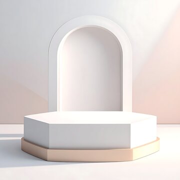 A minimalist white podium with a gold base and arch