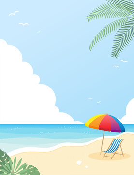 ビーチパラソルとビーチチェアのある夏の砂浜の背景イラスト素材 ベクター 海 リゾート 