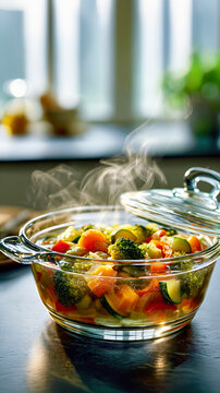 Steaming Vegetable Soup in Glass Casserole Dish. AI generative.