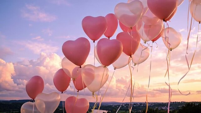 Aerial tracking pan of heart shaped balloons rising and drifting above small town river valley skyline at sunset with pastel pink clouds and calm evening mood