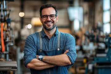 Obraz premium Portrait of a smiling male craftsman with arms crossed in a workshop