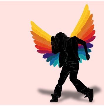illustration of a dancing person silhouette with bright rainbow wings