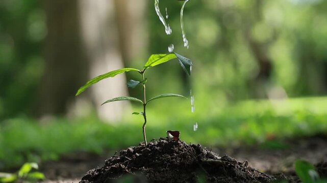 Close-up of a human hand watering a newly planted tree seedling growing in fertile soil. Concept of sustainability, environmental conservation, reforestation, climate action, eco-friendly living, and 