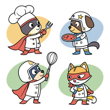 Cartoon raccoon characters in fun costumes