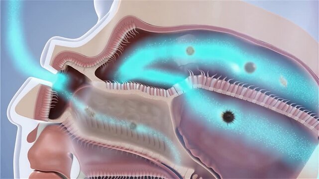 Detailed 3D cross-section animation of nasal cavity and sinuses. Clean airflow visualization with soft glowing blue particles 