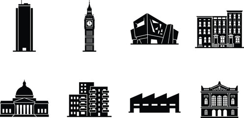 Fototapeta premium Architecture and Building Silhouette Icons Set Showcasing Diverse Urban Real Estate and Landmark Structures