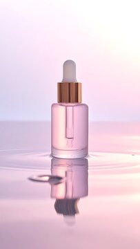 A pink dropper bottle on reflective surface with soft background