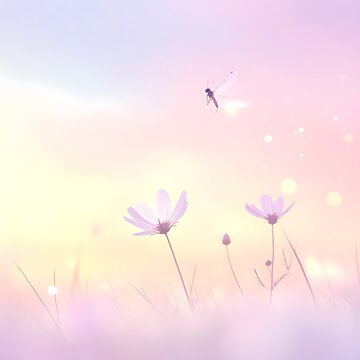A serene field of flowers and a dragonfly at sunset (1)