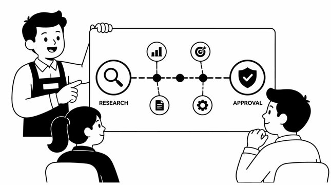 Business presentation with research and approval process diagram.