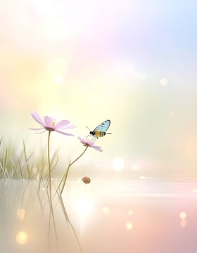 A serene landscape with a butterfly on a flower